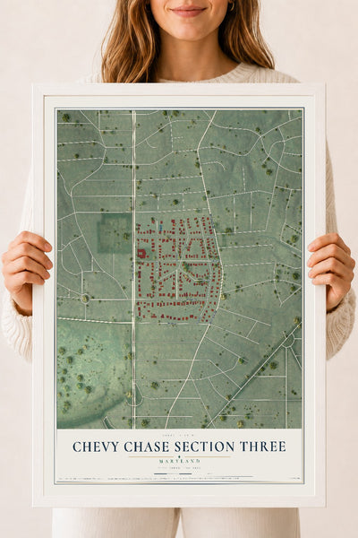 Map of Chevy Chase Section Three, Maryland, 18 x 24 inch print in a white wood frame