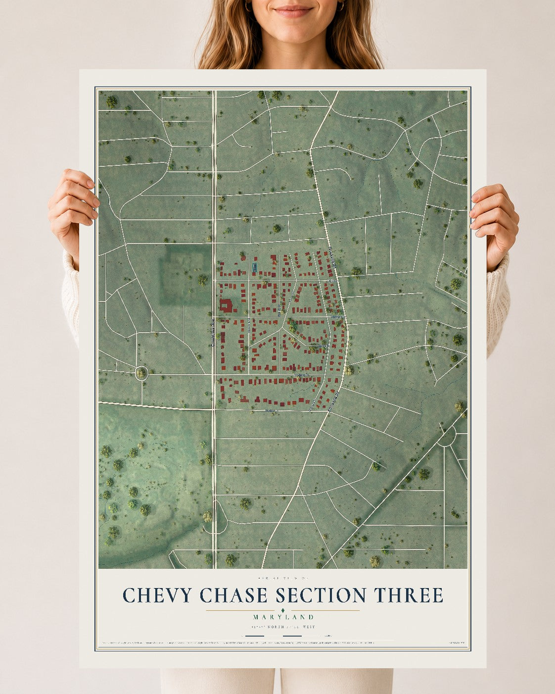 Map of Chevy Chase Section Three, Maryland, 24 x 36 inch unframed archival matte print