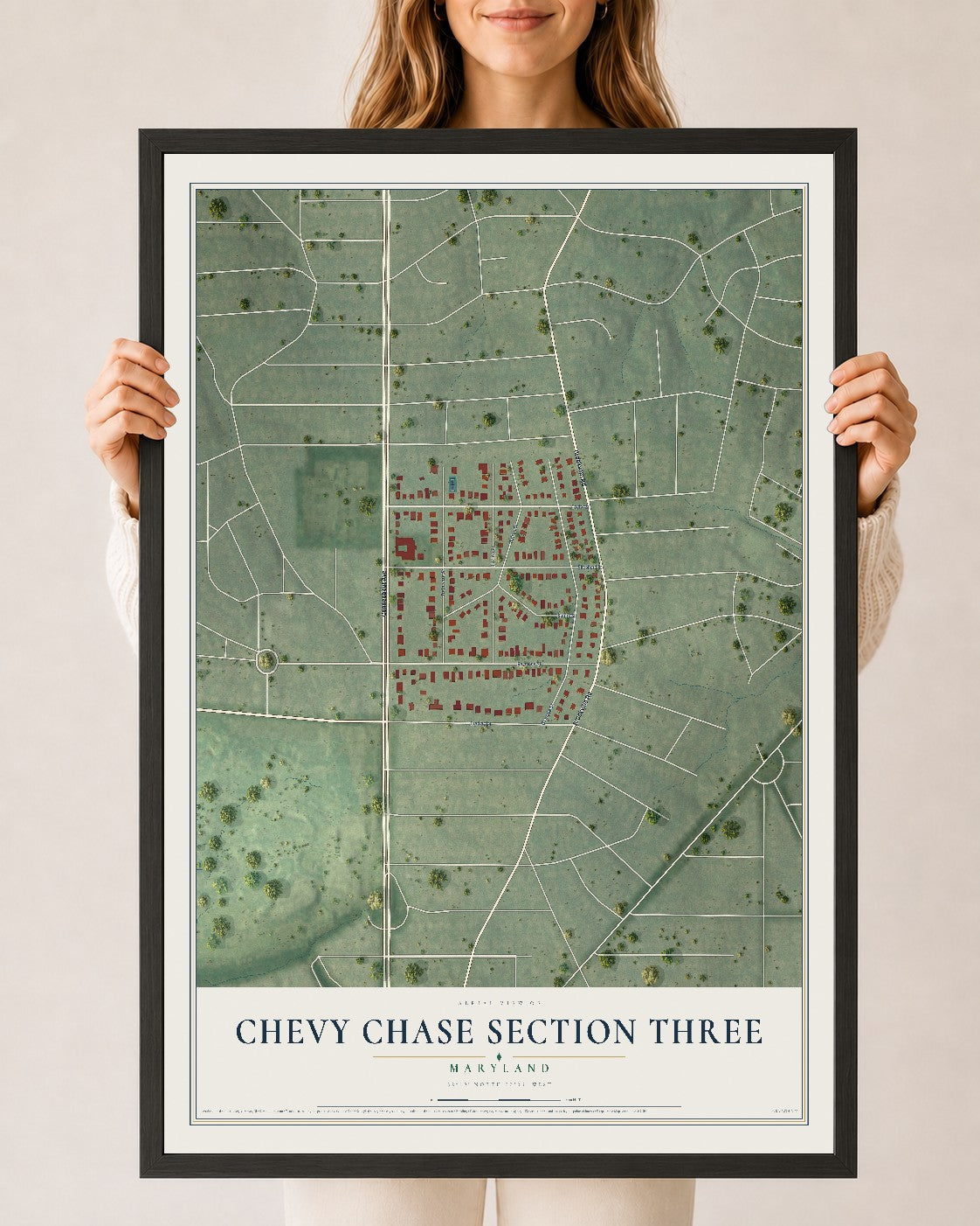 Map of Chevy Chase Section Three, Maryland, 24 x 36 inch print in a black wood frame