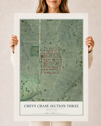 Map of Chevy Chase Section Three, Maryland, 24 x 36 inch print in a white wood frame