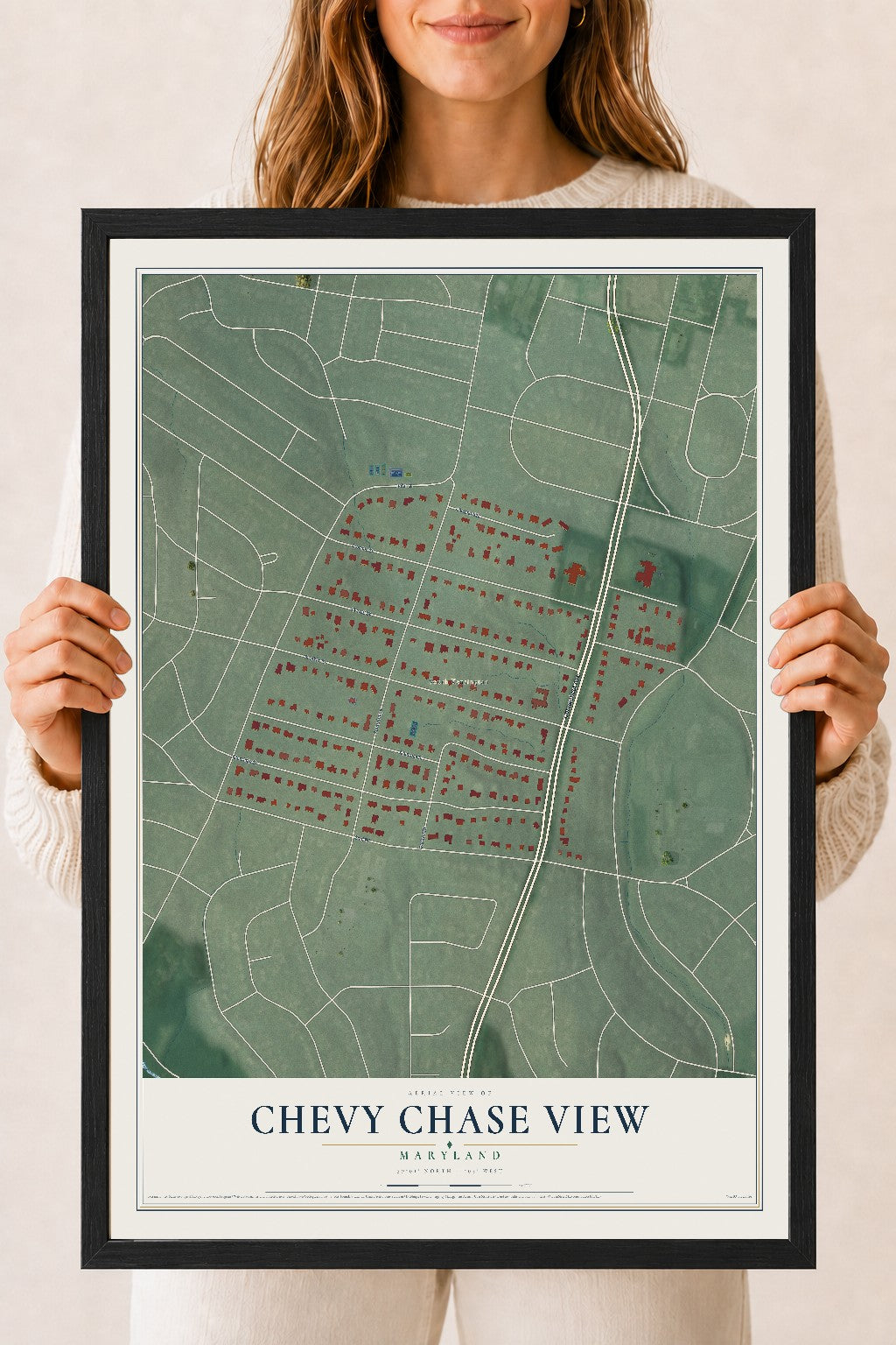 Map of Chevy Chase View, Maryland, 18 x 24 inch print in a black wood frame