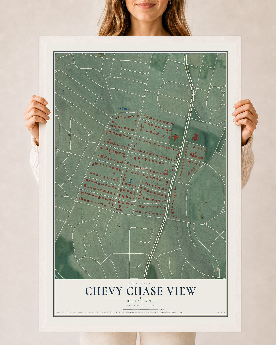 Map of Chevy Chase View, Maryland, 24 x 36 inch print in a white wood frame