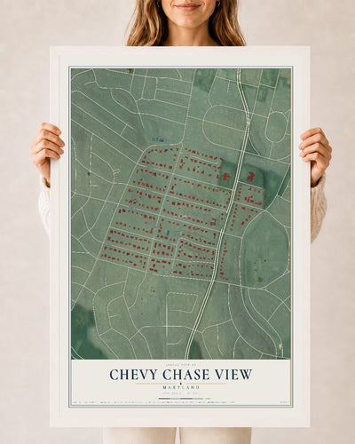 Map of Chevy Chase View, Maryland, 24 x 36 inch print in a white wood frame