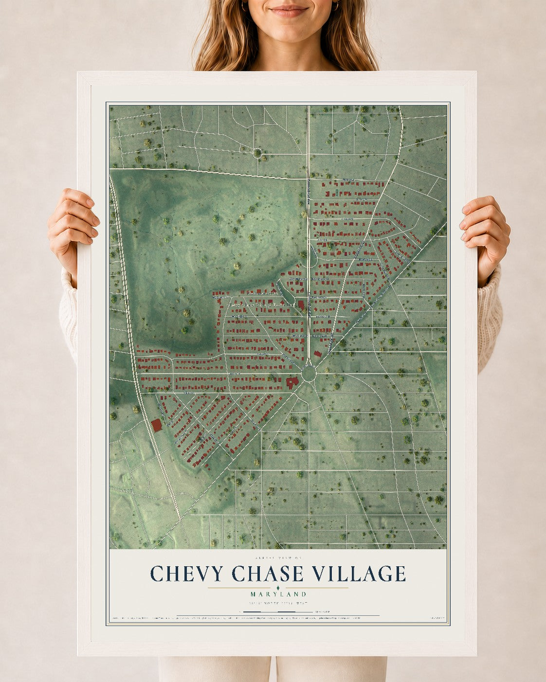 Map of Chevy Chase Village, Maryland, 24 x 36 inch print in a white wood frame