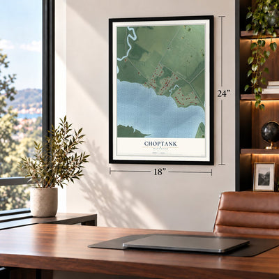Choptank, Maryland map, 18 x 24 inch print in a black frame in a home office
