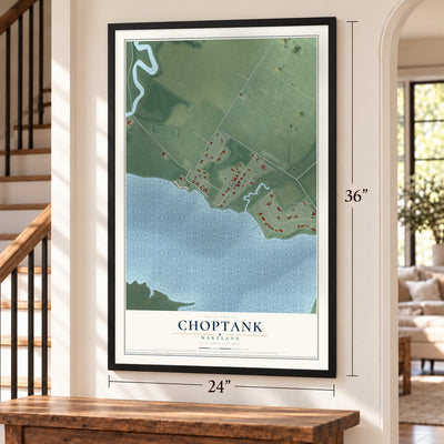 Choptank, Maryland map, 24 x 36 inch print in a black frame by a staircase