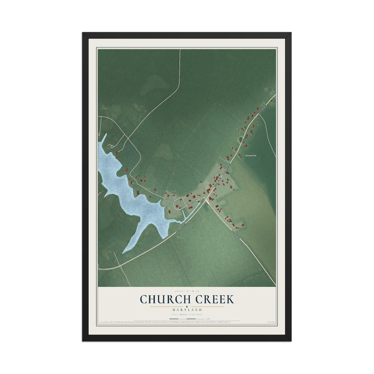 Map of Church Creek, Maryland, 12 x 18 inch print in a black wood frame