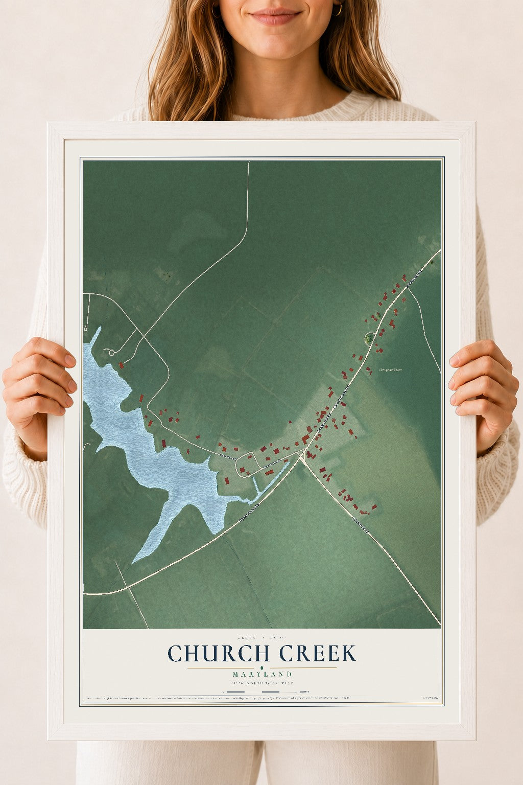 Map of Church Creek, Maryland, 18 x 24 inch print in a white wood frame