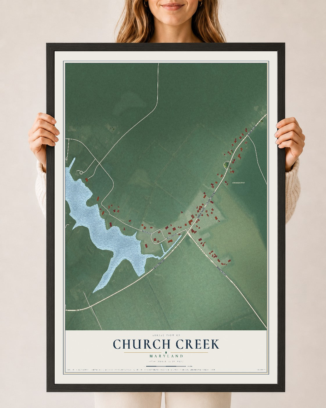 Map of Church Creek, Maryland, 24 x 36 inch print in a black wood frame