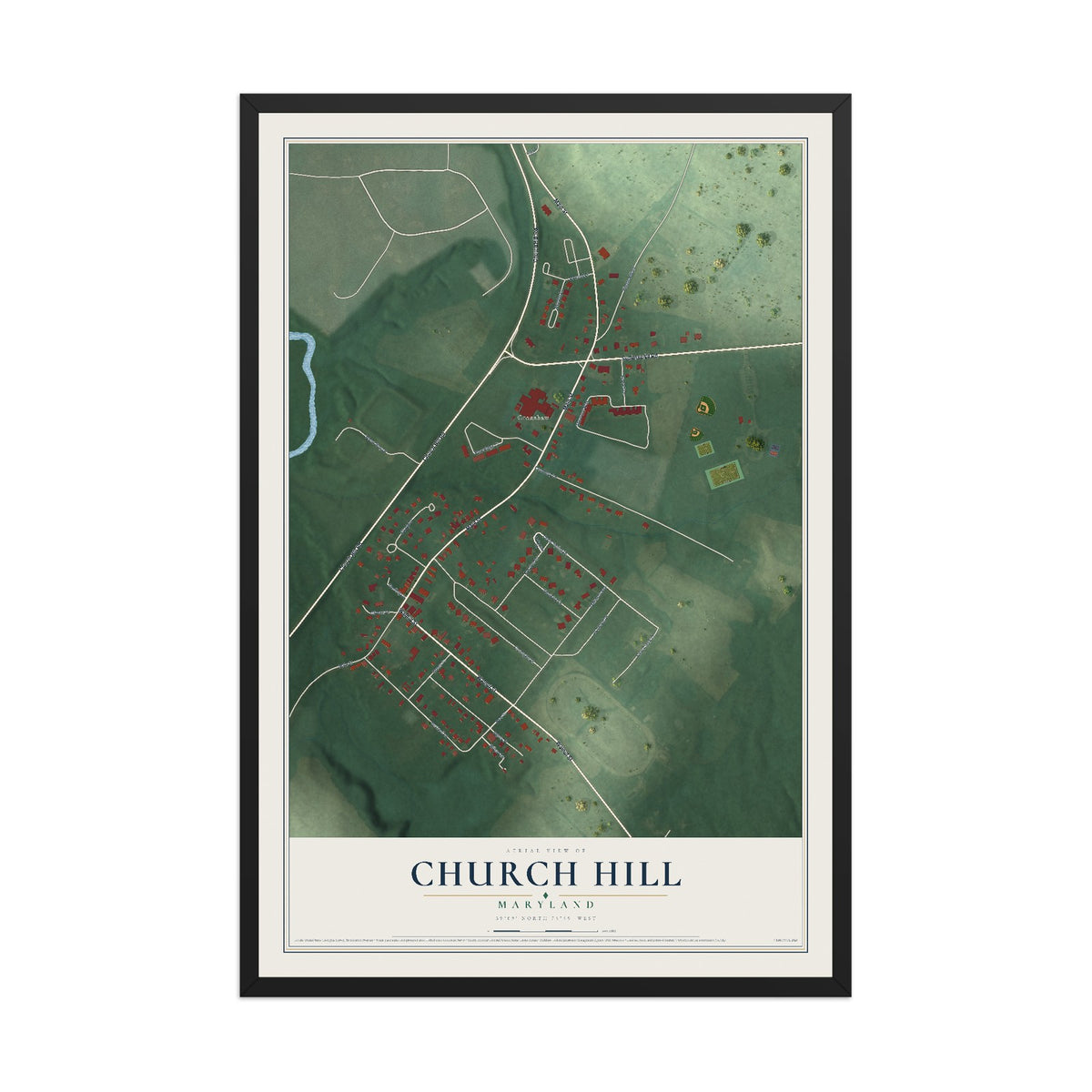 Map of Church Hill, Maryland, 12 x 18 inch print in a black wood frame