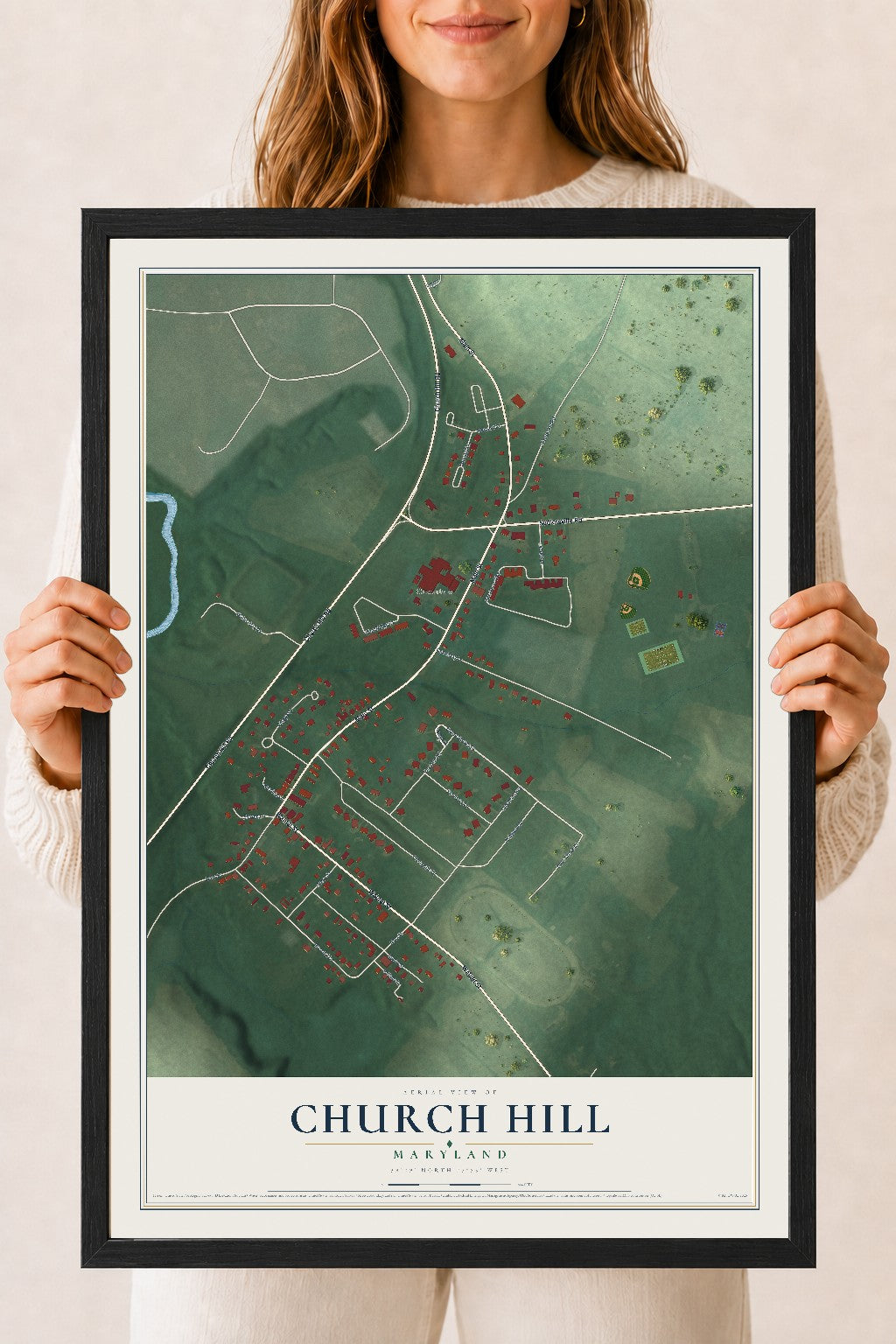 Map of Church Hill, Maryland, 18 x 24 inch print in a black wood frame