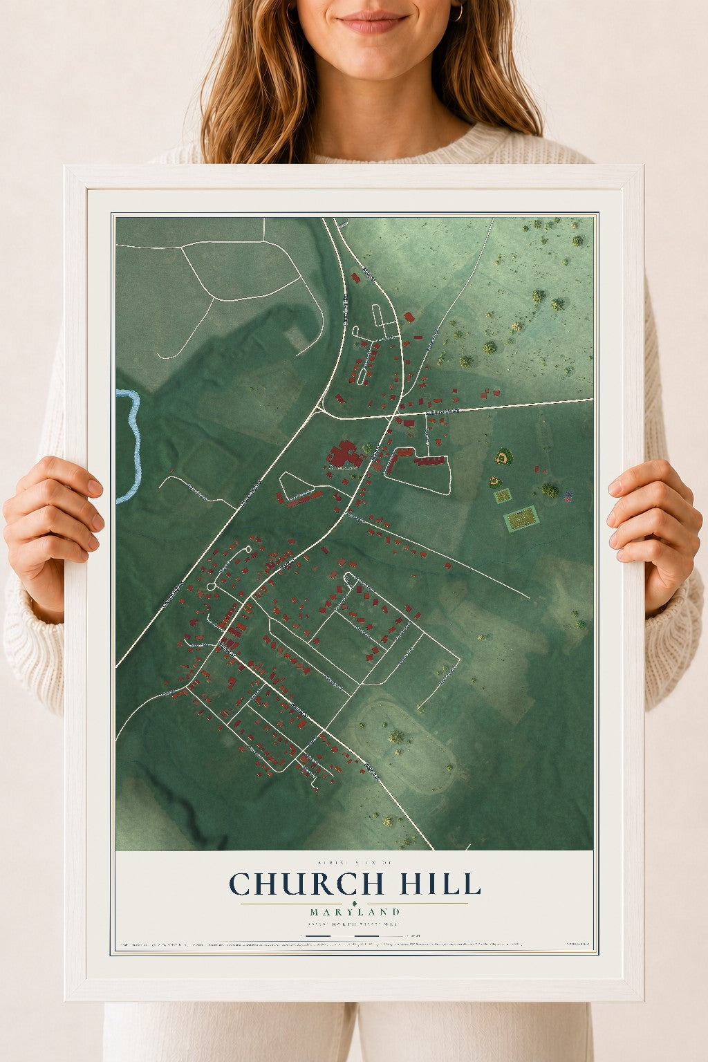 Map of Church Hill, Maryland, 18 x 24 inch print in a white wood frame
