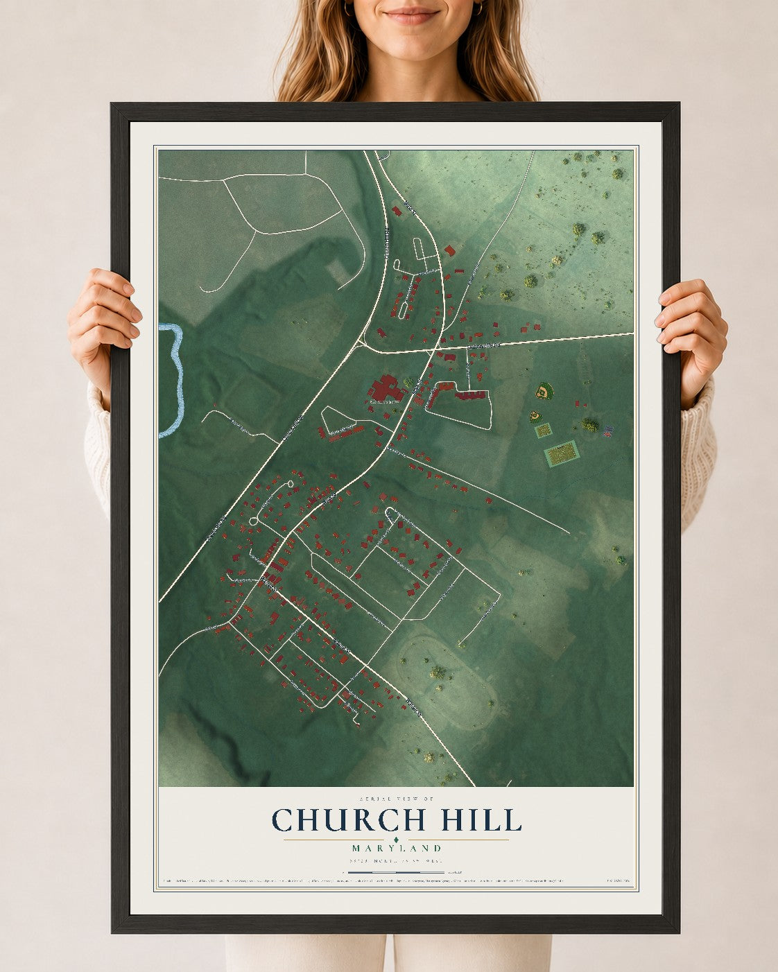 Map of Church Hill, Maryland, 24 x 36 inch print in a black wood frame