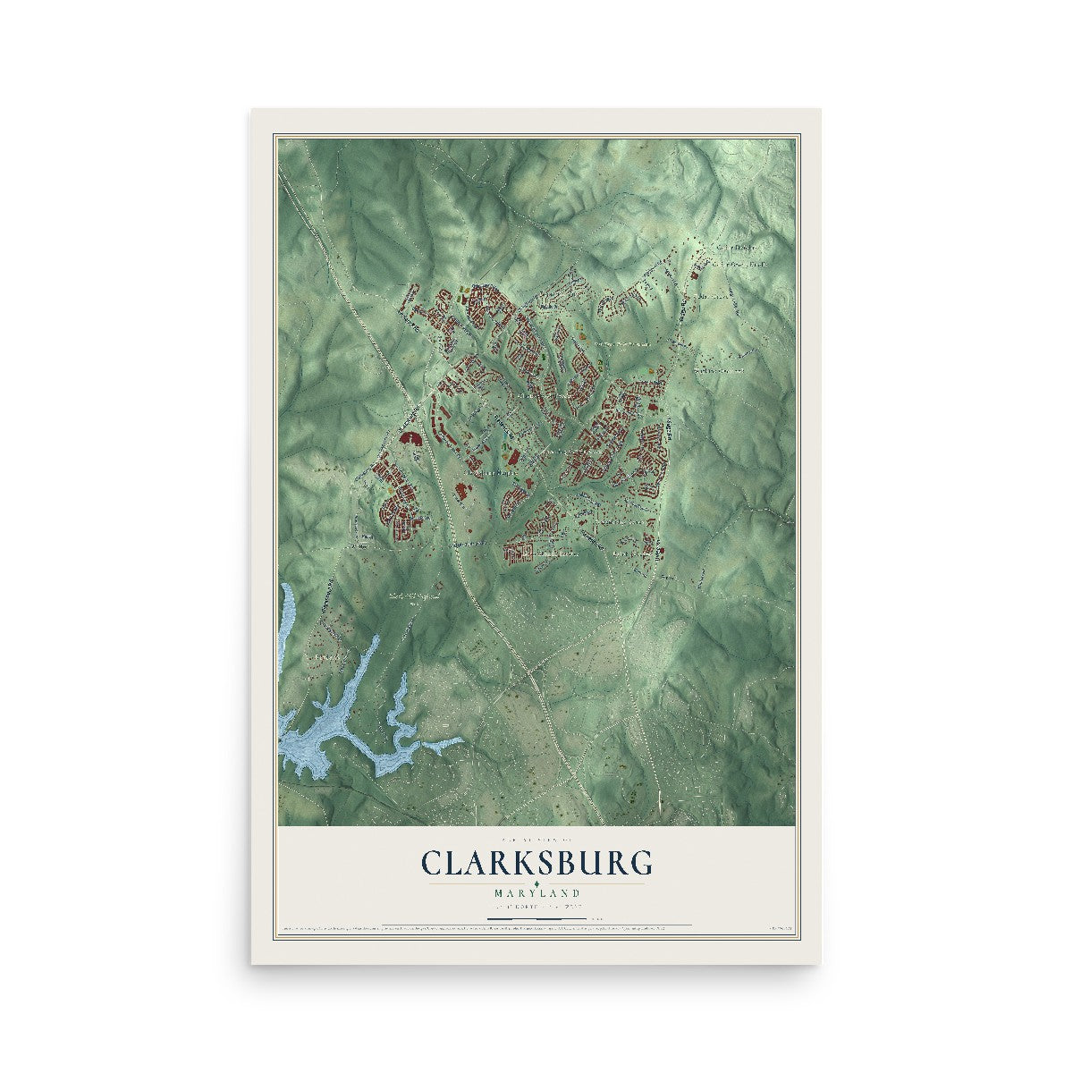 Map of Clarksburg, Maryland, 12 x 18 inch unframed archival matte print