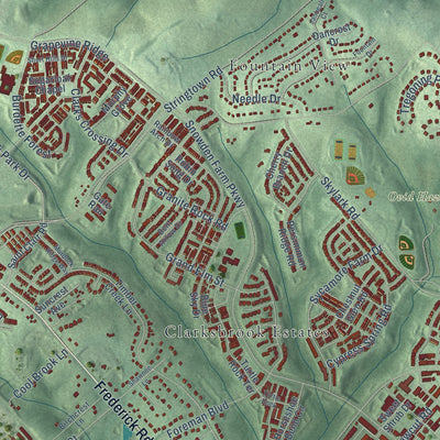 Close-up of the map of Clarksburg, Maryland print showing street and building detail
