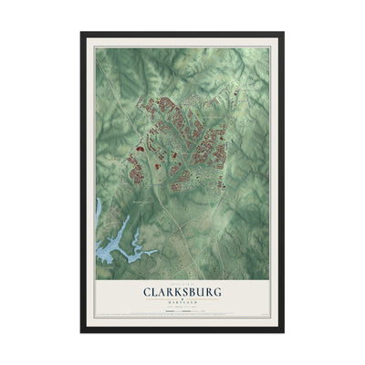 Map of Clarksburg, Maryland, 12 x 18 inch print in a black wood frame