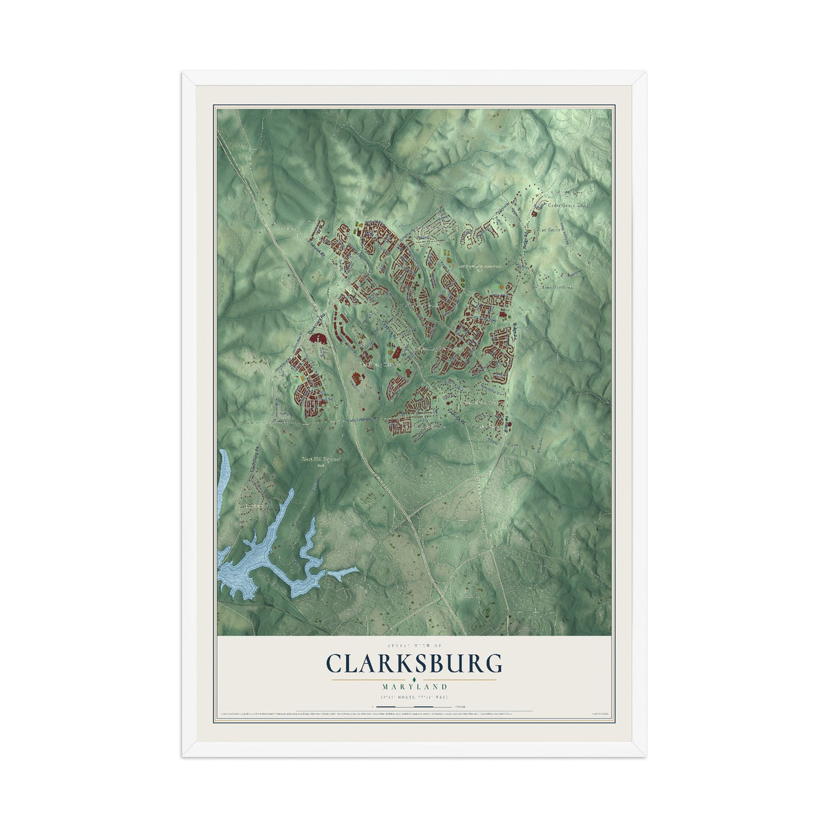 Map of Clarksburg, Maryland, 12 x 18 inch print in a white wood frame