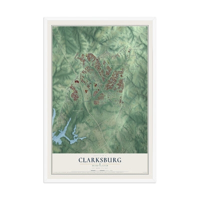 Map of Clarksburg, Maryland, 12 x 18 inch print in a white wood frame