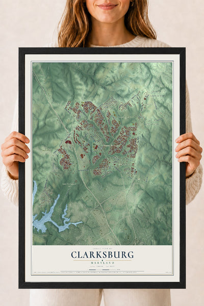 Map of Clarksburg, Maryland, 18 x 24 inch print in a black wood frame