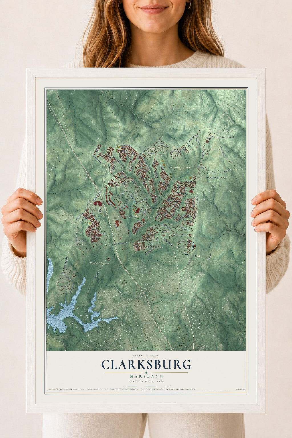 Map of Clarksburg, Maryland, 18 x 24 inch print in a white wood frame