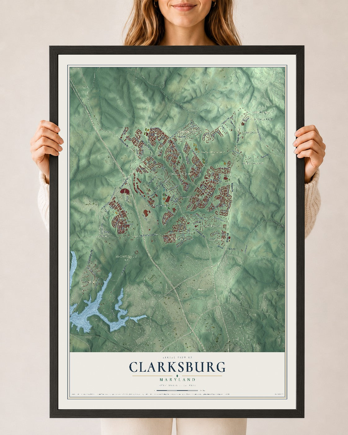 Map of Clarksburg, Maryland, 24 x 36 inch print in a black wood frame