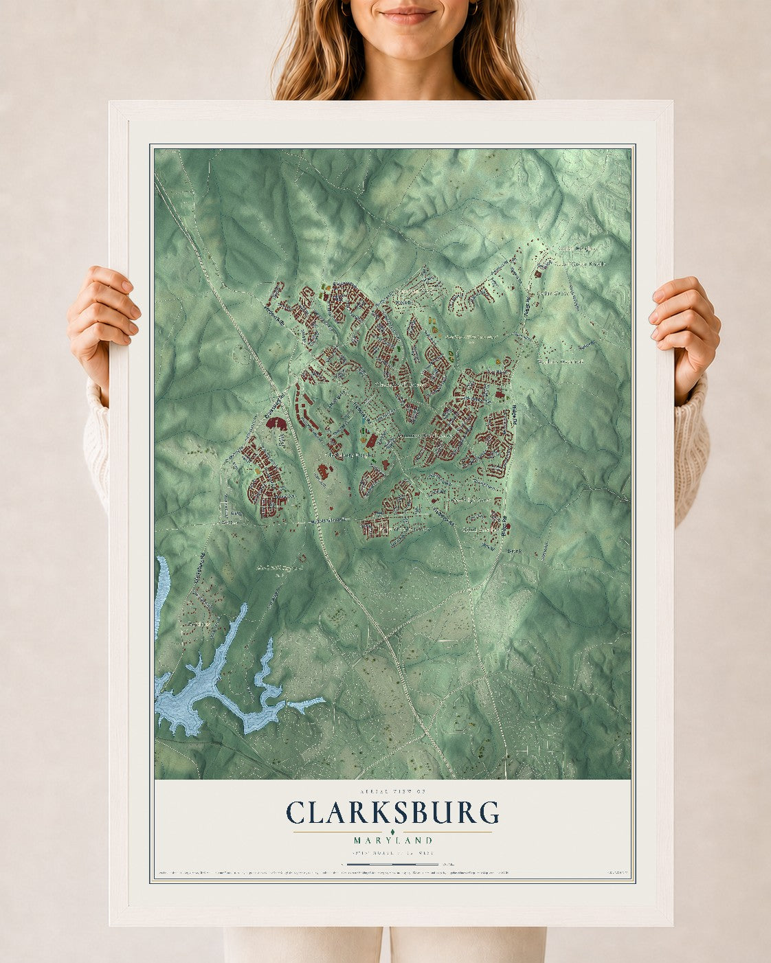Map of Clarksburg, Maryland, 24 x 36 inch print in a white wood frame