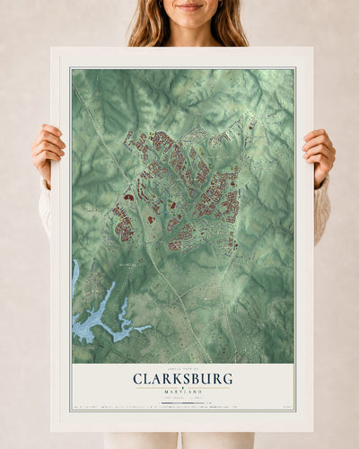 Map of Clarksburg, Maryland, 24 x 36 inch print in a white wood frame
