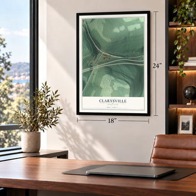 Clarysville, Maryland map, 18 x 24 inch print in a black frame in a home office