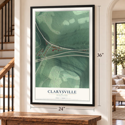 Clarysville, Maryland map, 24 x 36 inch print in a black frame by a staircase