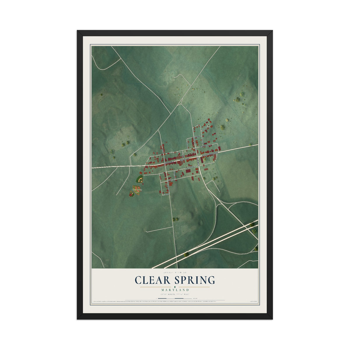 Map of Clear Spring, Maryland, 12 x 18 inch print in a black wood frame