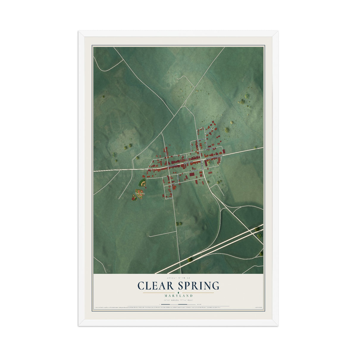 Map of Clear Spring, Maryland, 12 x 18 inch print in a white wood frame