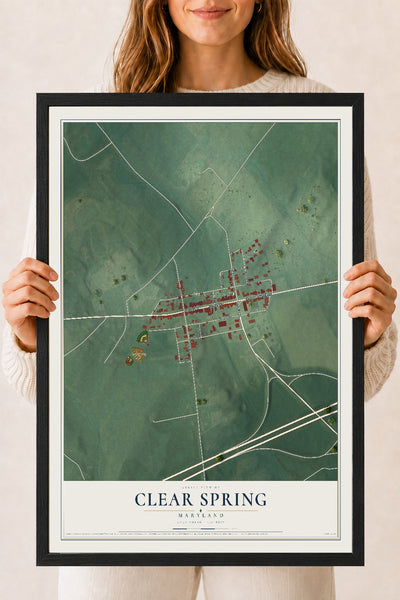 Map of Clear Spring, Maryland, 18 x 24 inch print in a black wood frame