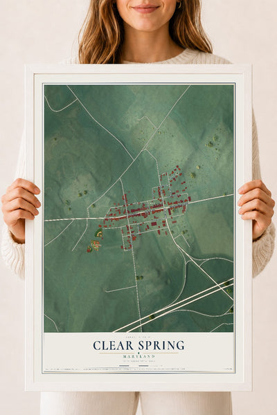 Map of Clear Spring, Maryland, 18 x 24 inch print in a white wood frame