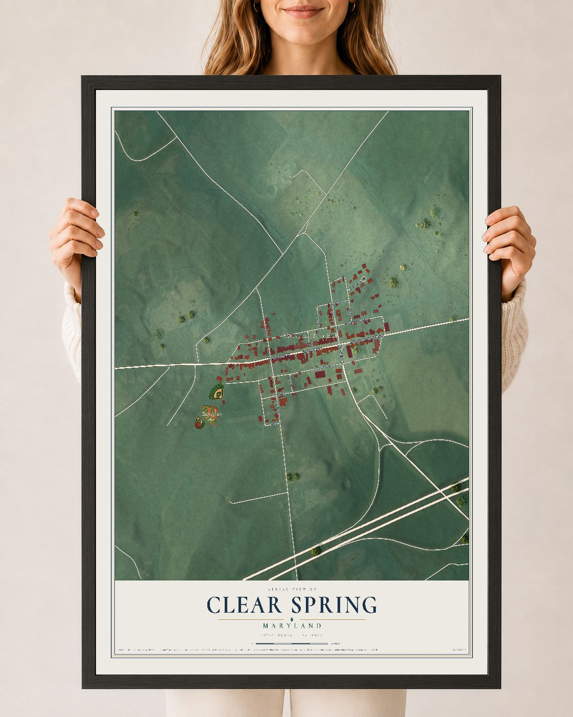 Map of Clear Spring, Maryland, 24 x 36 inch print in a black wood frame