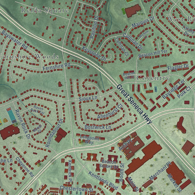Close-up of the map of Clopper, Maryland print showing street and building detail