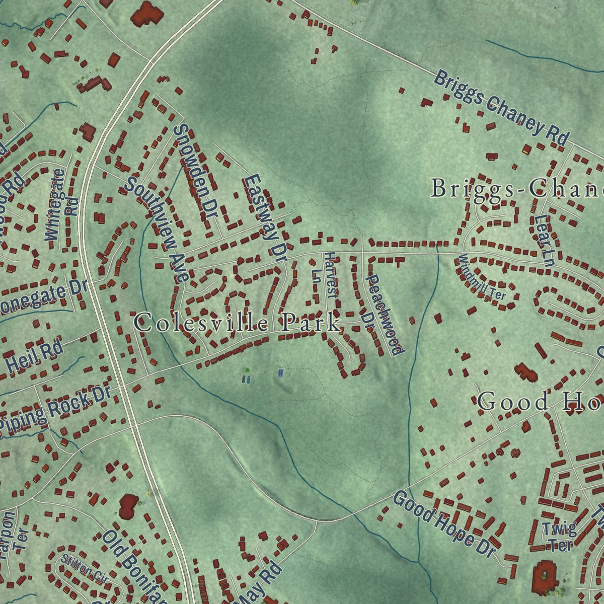 Close-up of the map of Cloverly, Maryland print showing street and building detail