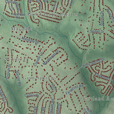 Second close-up of the map of Cloverly, Maryland print showing more streets and buildings