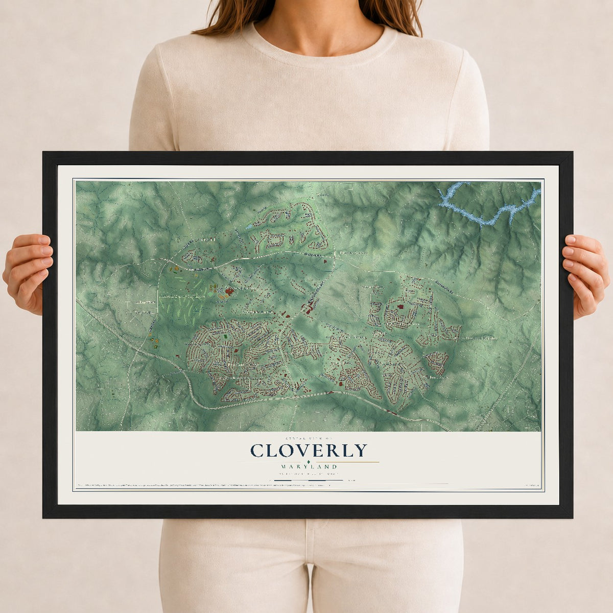 Map of Cloverly, Maryland, 12 x 18 inch print in a black wood frame