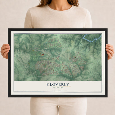 Map of Cloverly, Maryland, 12 x 18 inch print in a black wood frame