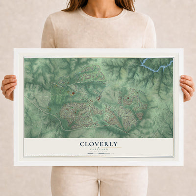 Map of Cloverly, Maryland, 12 x 18 inch print in a white wood frame
