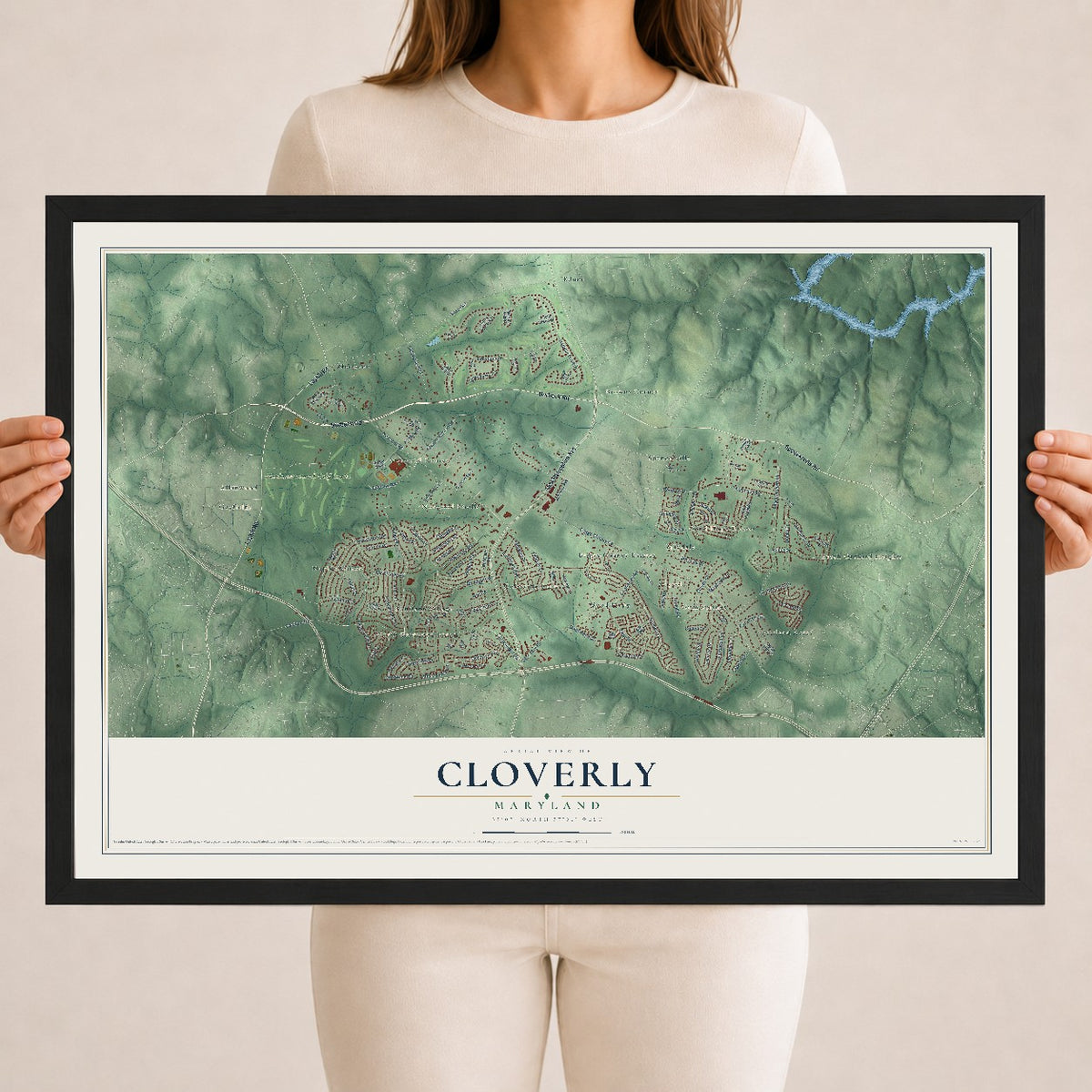 Map of Cloverly, Maryland, 18 x 24 inch print in a black wood frame