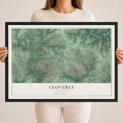 Map of Cloverly, Maryland, 18 x 24 inch print in a black wood frame
