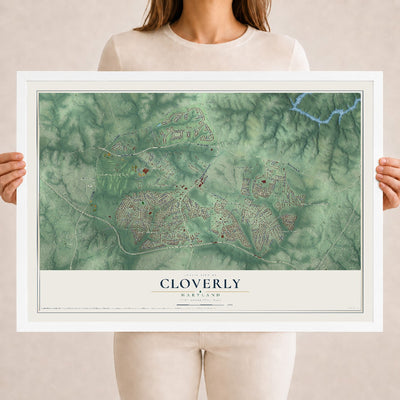Map of Cloverly, Maryland, 18 x 24 inch print in a white wood frame