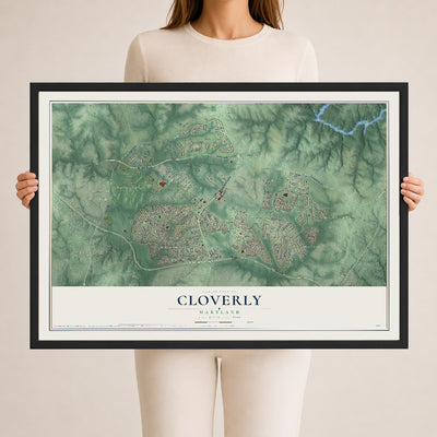 Map of Cloverly, Maryland, 24 x 36 inch print in a black wood frame