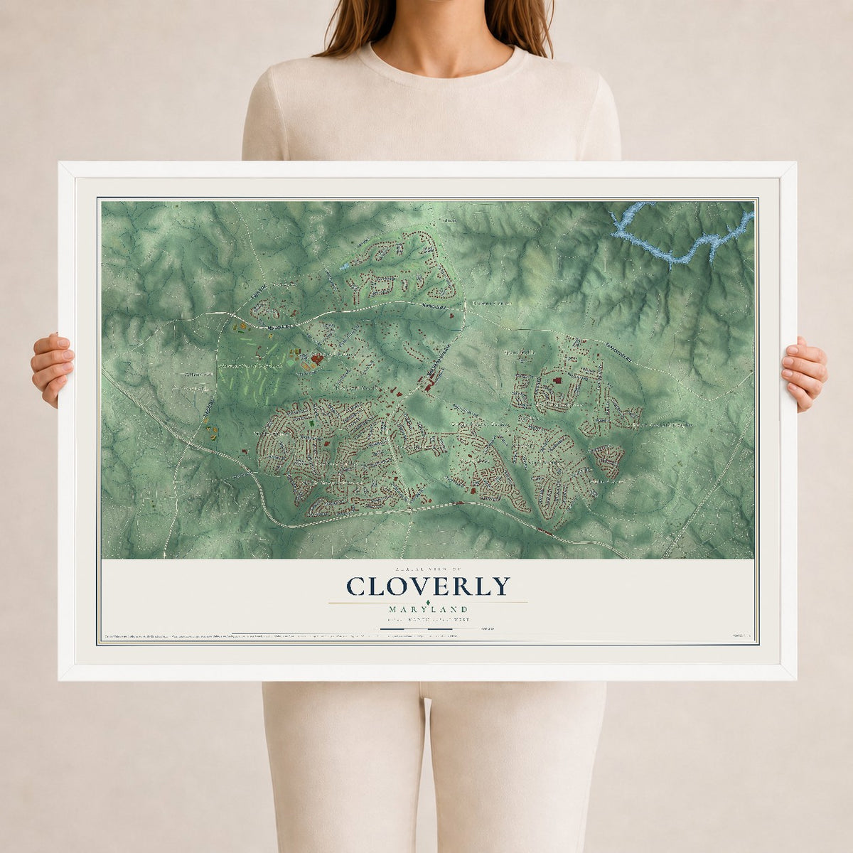 Map of Cloverly, Maryland, 24 x 36 inch print in a white wood frame