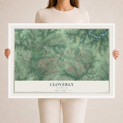 Map of Cloverly, Maryland, 24 x 36 inch print in a white wood frame