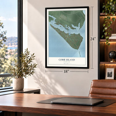 Cobb Island, Maryland map, 18 x 24 inch print in a black frame in a home office