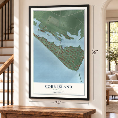 Cobb Island, Maryland map, 24 x 36 inch print in a black frame by a staircase
