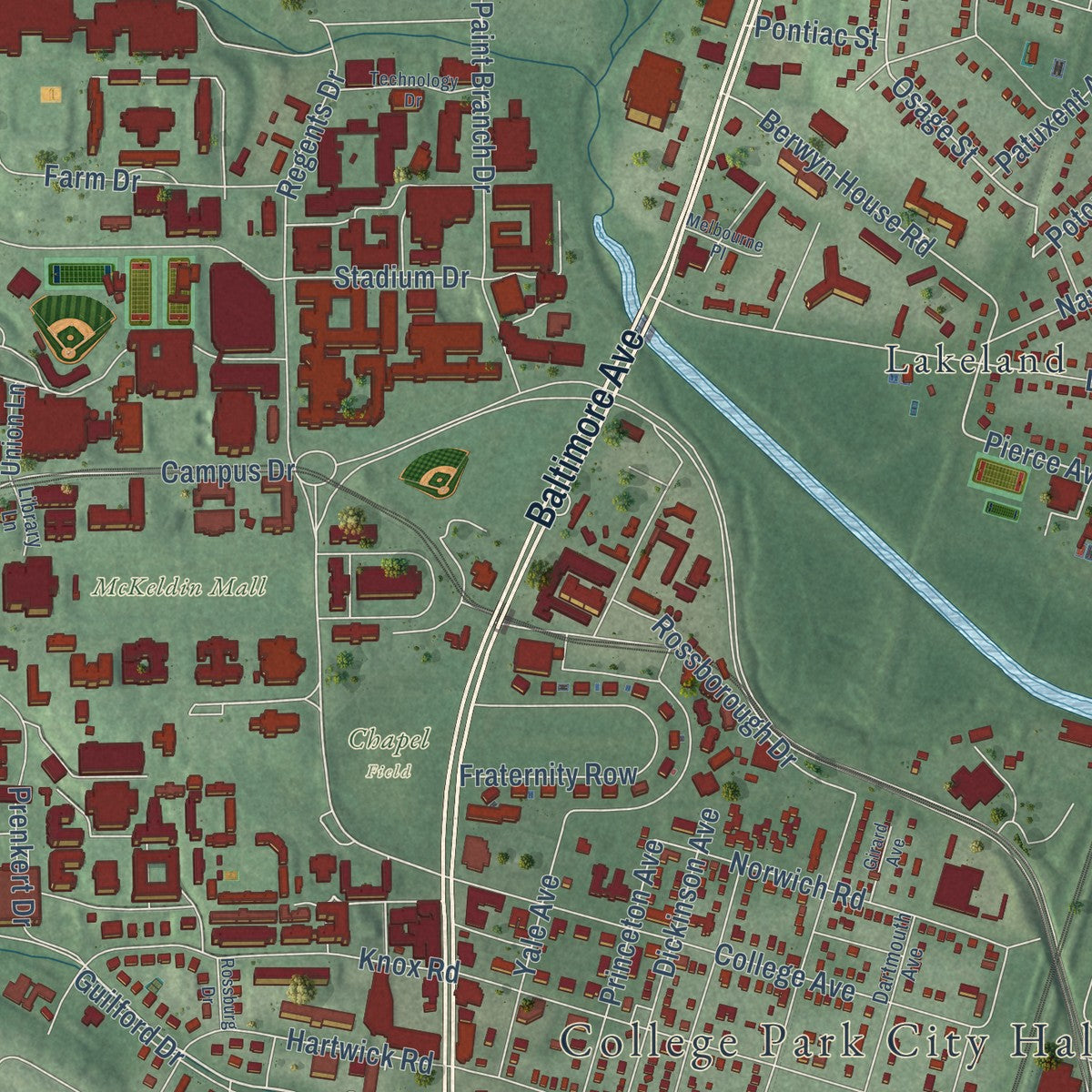 Second close-up of the map of College Park, Maryland print showing more streets and buildings