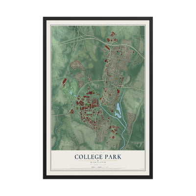 Map of College Park, Maryland, 12 x 18 inch print in a black wood frame